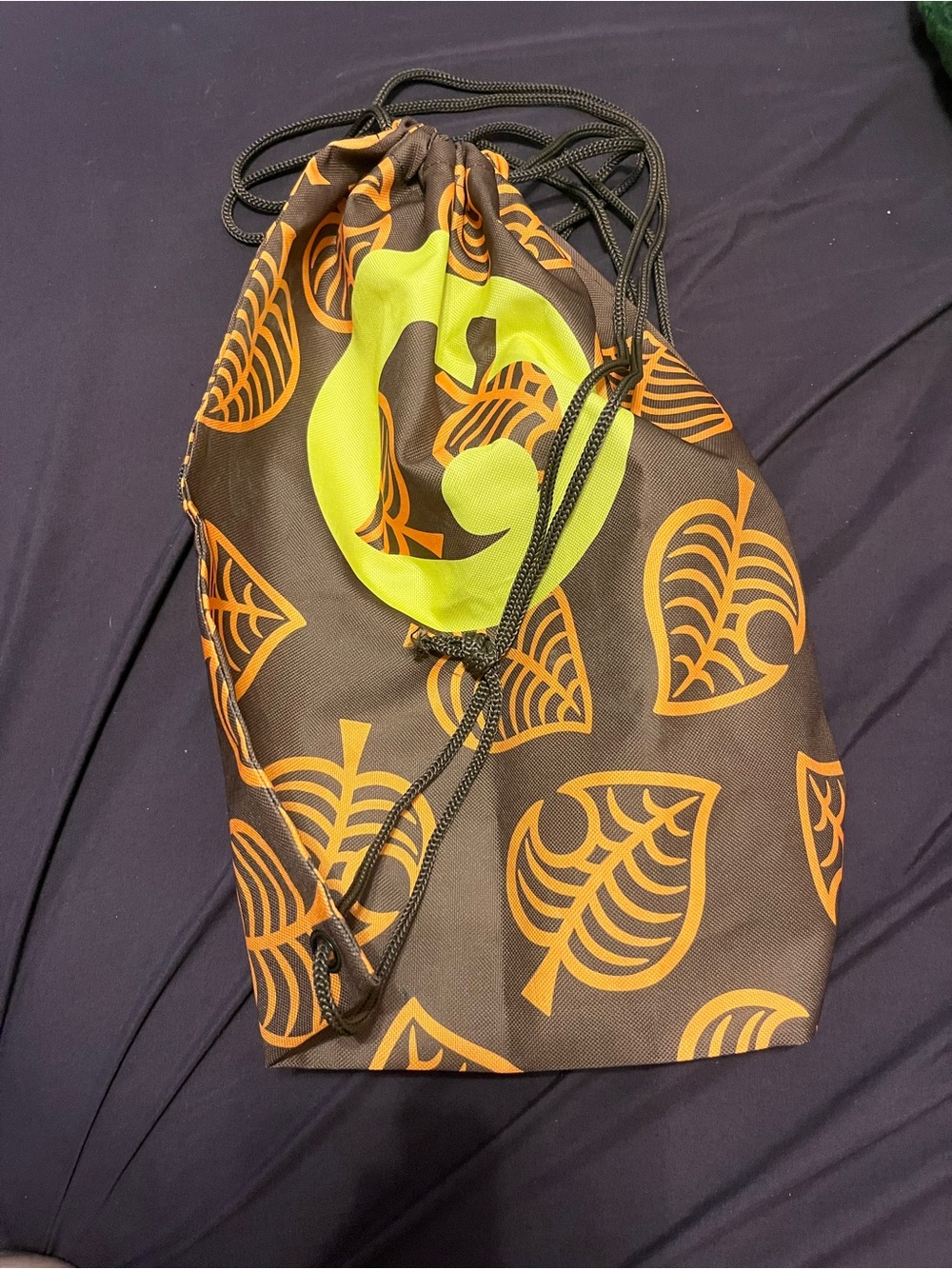 Drawstring animal crossing Leaf-Print Nylon Backpack in Brown and Neon Yellow